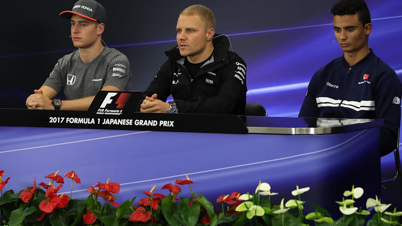 (L to R): Stoffel Vandoorne (BEL) McLaren, Valtteri Bottas (FIN) Mercedes AMG F1 and Pascal Wehrlein (GER) Sauber in the Press Conference at Formula One World Championship, Rd16, Japanese Grand Prix, Preparations, Suzuka, Japan, Thursday 5 October 2017. © Kym Illman/Sutton Images