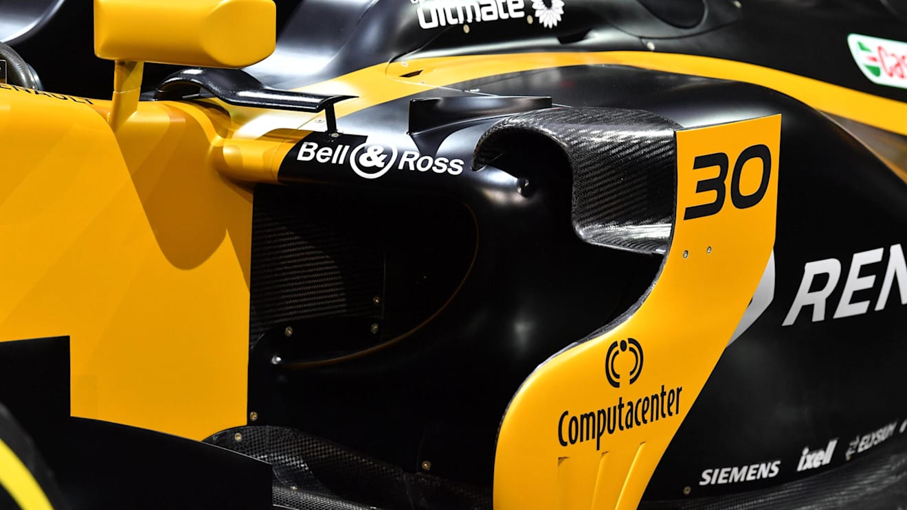 The new Renault Sport F1 Team RS17 sidepod detail at Renault Sport F1 Team RS17 Reveal, The Lindley Hall, London, England, 21 February 2017. © Sutton Images