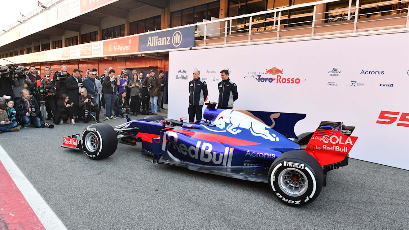 Franz Tost (AUT) Scuderia Toro Rosso Team Principal and James Key (GBR) Scuderia Toro Rosso Technical Director with the new Scuderia Toro Rosso STR12 at Scuderia Toro Rosso STR12 Launch, Barcelona, Spain, 26 February 2017. © Sutton Images