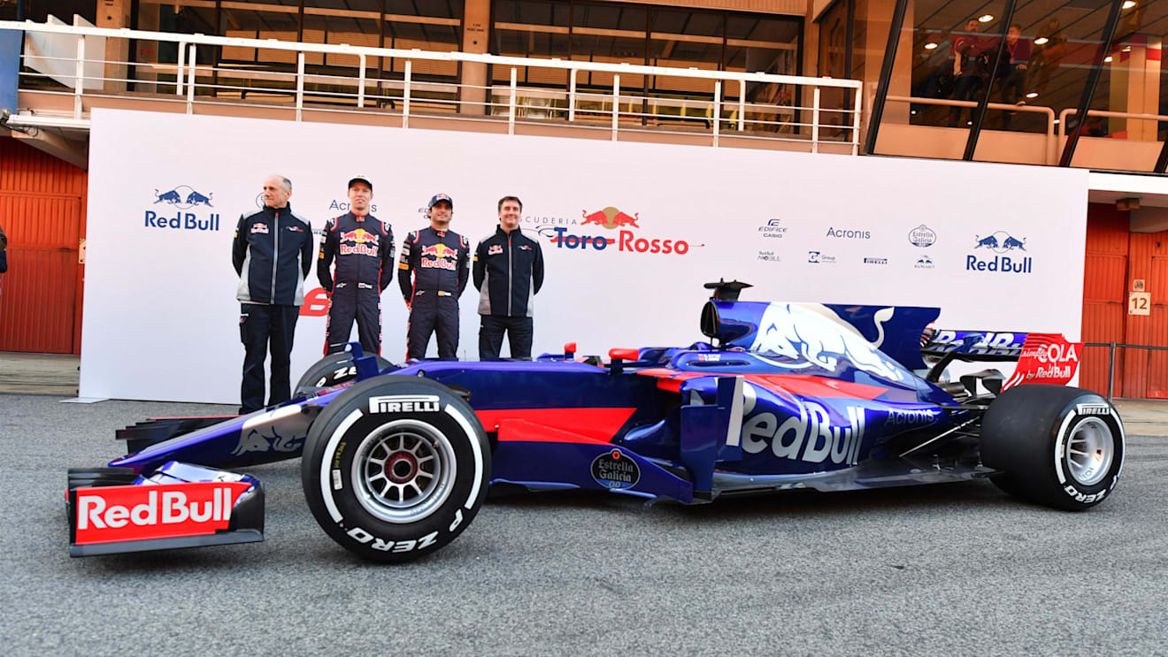 Franz Tost (AUT) Scuderia Toro Rosso Team Principal, Daniil Kvyat (RUS), Carlos Sainz jr (ESP) and James Key (GBR) Scuderia Toro Rosso Technical Director at Scuderia Toro Rosso STR12 Launch, Barcelona, Spain, 26 February 2017. © Sutton Images