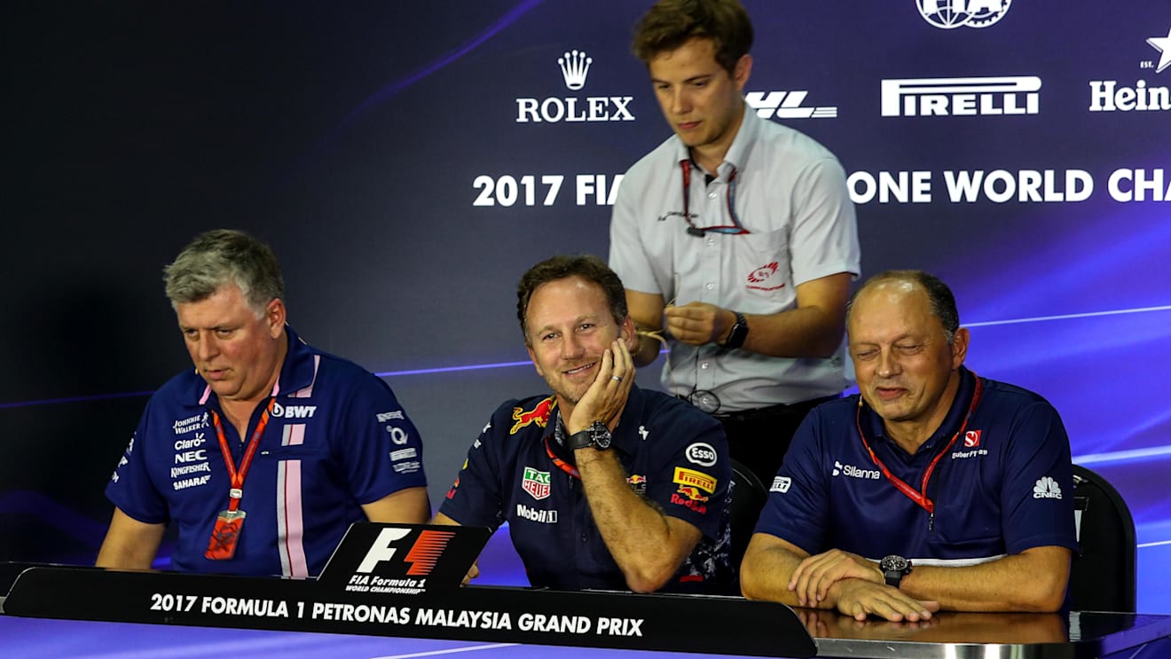 (L to R): Otmar Szafnauer (USA) Force India Formula One Team Chief Operating Officer, Christian Horner (GBR) Red Bull Racing Team Principal and Frederic Vasseur (FRA) Sauber Team Principal in the Press Conference at Formula One World Championship, Rd15, Malaysian Grand Prix, Practice, Sepang, Malaysia, Friday 29 September 2017. © Kym Illman/Sutton Images