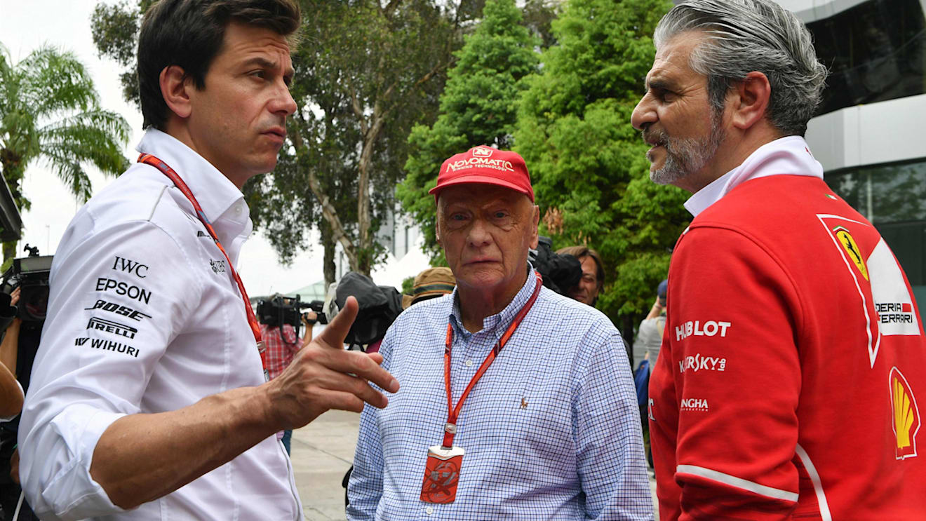 Toto Wolff (AUT) Mercedes AMG F1 Director of Motorsport, Maurizio Arrivabene (ITA) Ferrari Team Principal and Niki Lauda (AUT) Mercedes AMG F1 Non-Executive Chairman at Formula One World Championship, Rd15, Malaysian Grand Prix, Practice, Sepang, Malaysia, Friday 29 September 2017. © Mark Sutton/Sutton Images