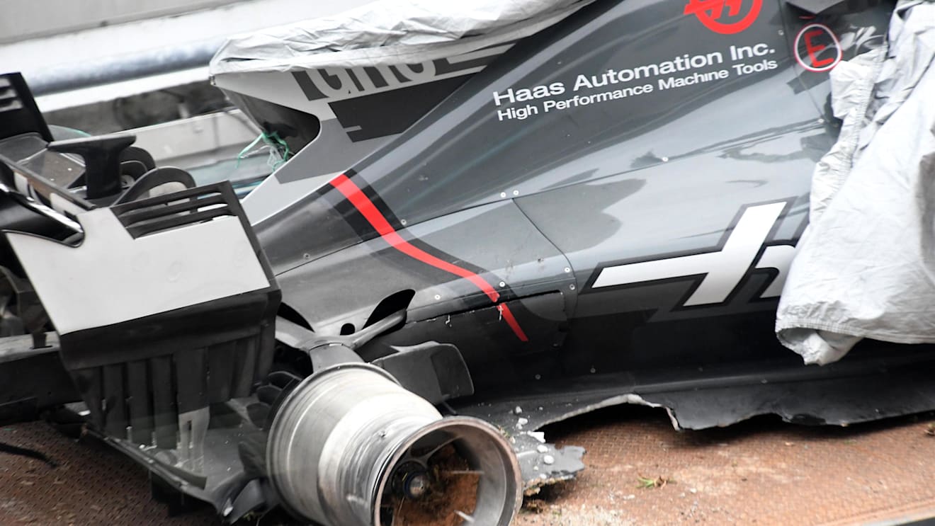 The crashed car of Romain Grosjean (FRA) Haas VF-17 is recovered in FP2 at Formula One World Championship, Rd15, Malaysian Grand Prix, Practice, Sepang, Malaysia, Friday 29 September 2017. © Rubio/Sutton Images