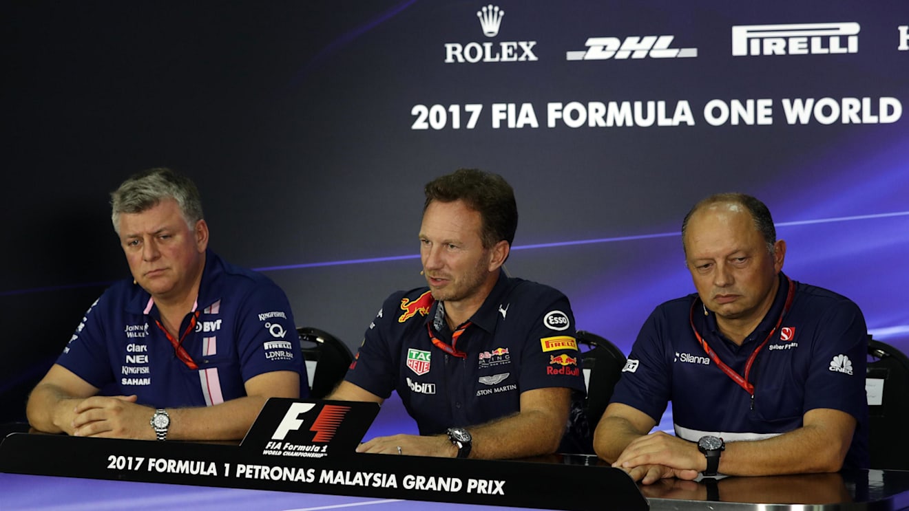 (L to R): Otmar Szafnauer (USA) Force India Formula One Team Chief Operating Officer, Christian Horner (GBR) Red Bull Racing Team Principal and Frederic Vasseur (FRA) Sauber Team Principal in the Press Conference at Formula One World Championship, Rd15, Malaysian Grand Prix, Practice, Sepang, Malaysia, Friday 29 September 2017. © Kym Illman/Sutton Images