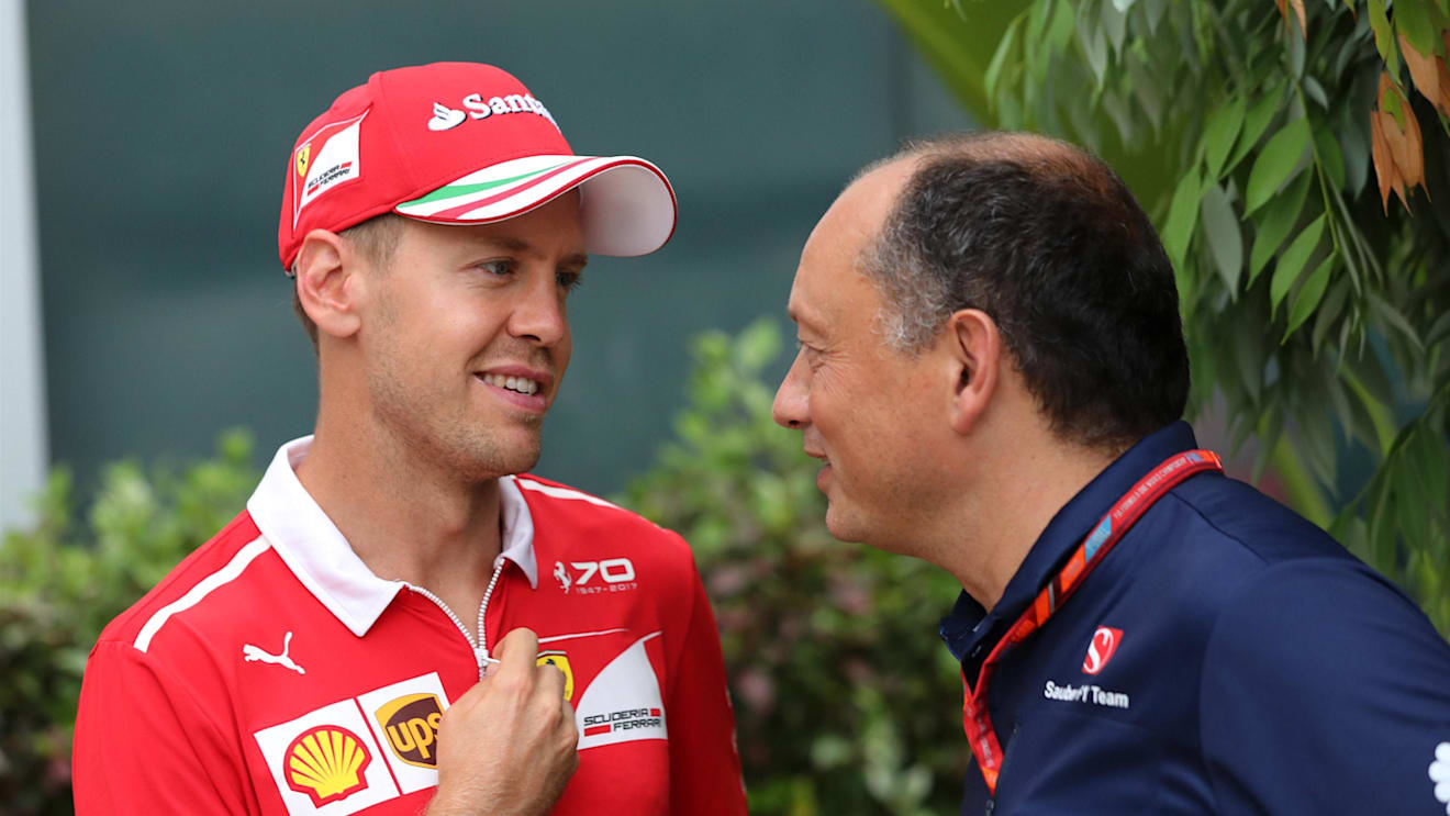 Sebastian Vettel (GER) Ferrari and Frederic Vasseur (FRA) Sauber Team Principal at Formula One World Championship, Rd15, Malaysian Grand Prix, Practice, Sepang, Malaysia, Friday 29 September 2017. © Kym Illman/Sutton Images
