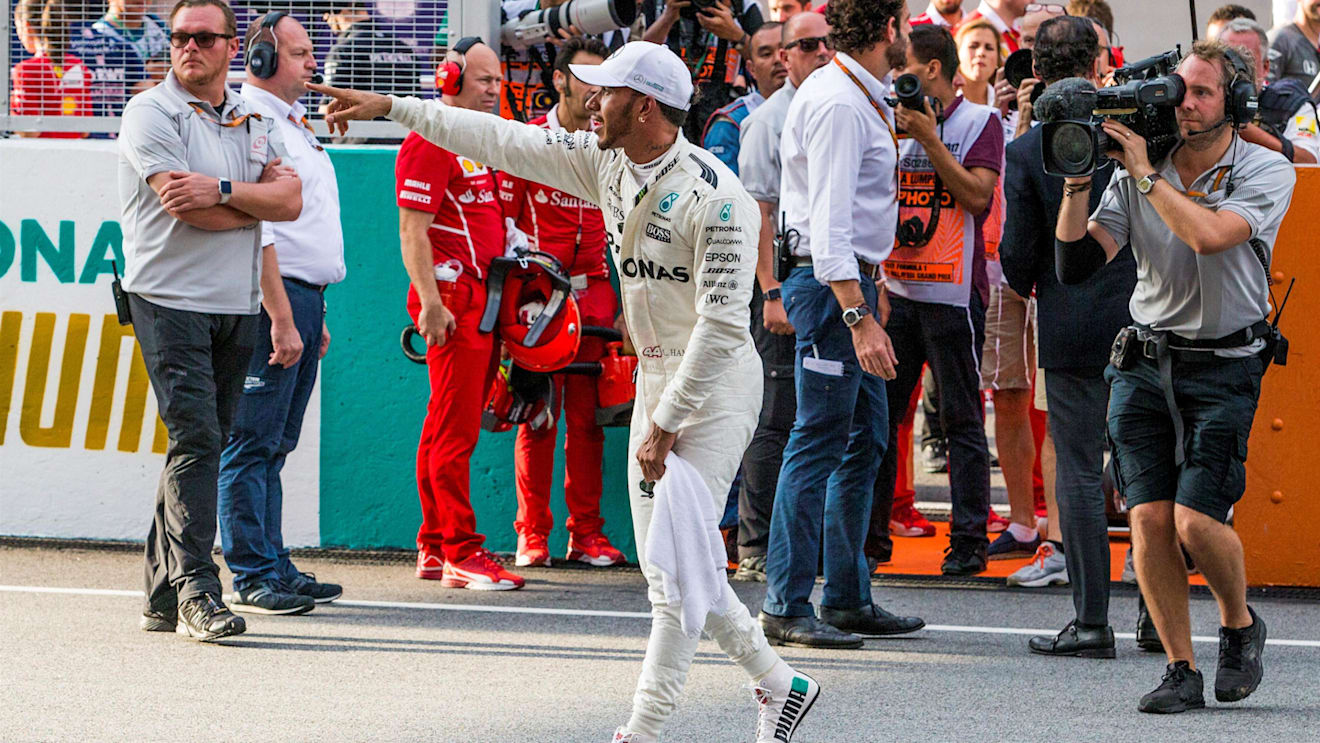 Pole sitter Lewis Hamilton (GBR) Mercedes AMG F1 celebrates in parc ferme at Formula One World Championship, Rd15, Malaysian Grand Prix, Qualifying, Sepang, Malaysia, Saturday 30 September 2017. © Manuel Goria/Sutton Images