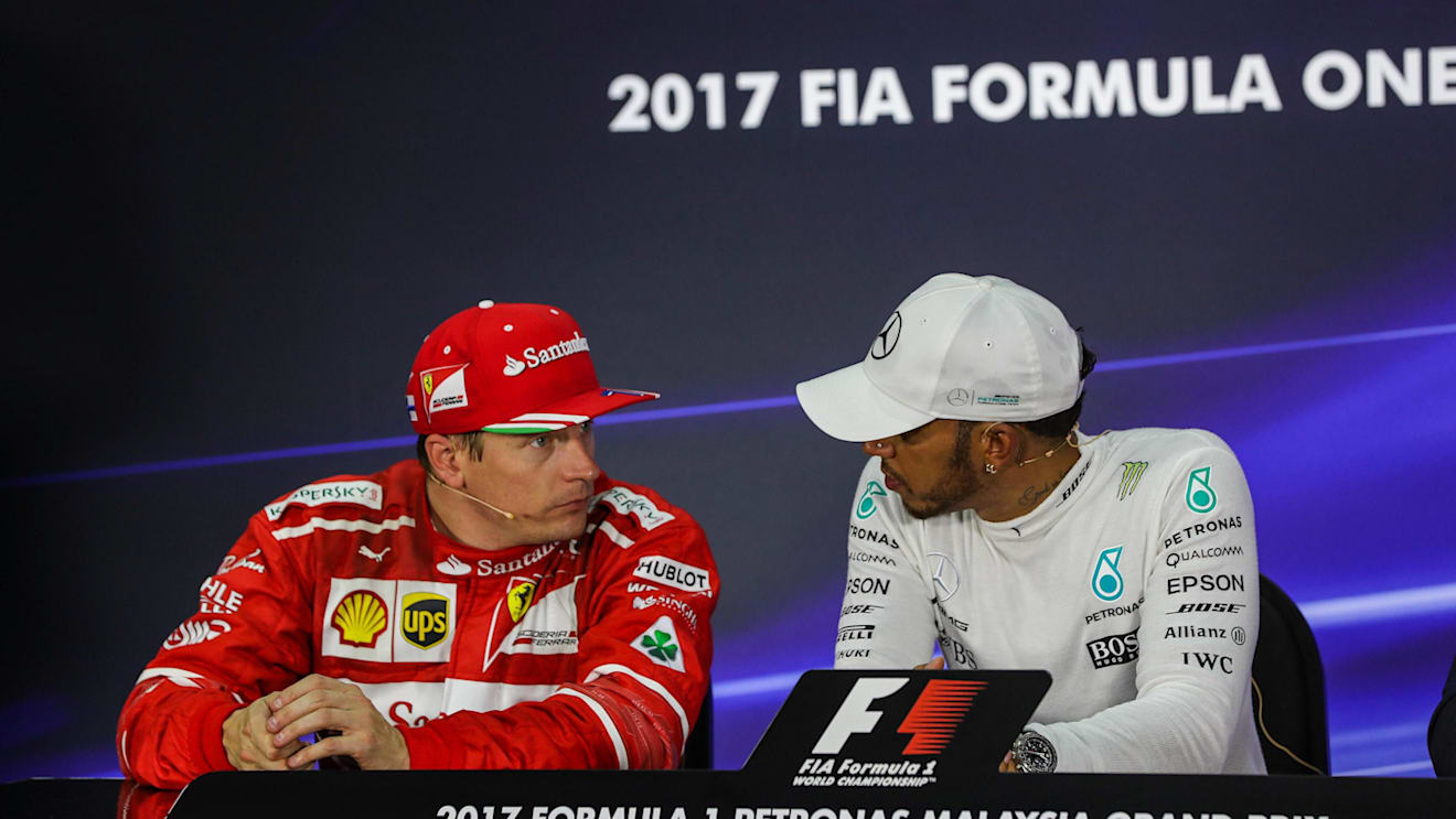 Kimi Raikkonen (FIN) Ferrari and Lewis Hamilton (GBR) Mercedes AMG F1 in the Press Conference at Formula One World Championship, Rd15, Malaysian Grand Prix, Qualifying, Sepang, Malaysia, Saturday 30 September 2017. © Kym Illman/Sutton Images