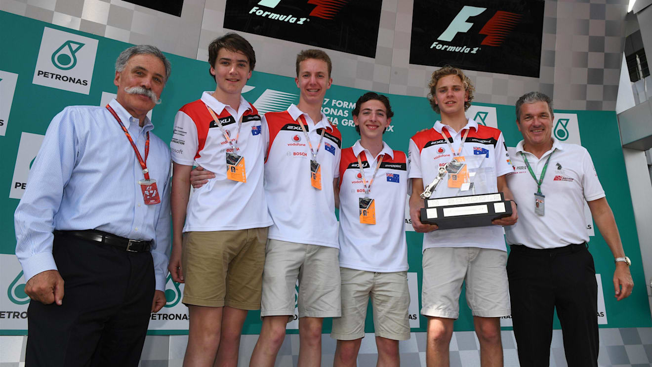 F1 in Schools students on the podium with Chase Carey (USA) Chief Executive Officer and Executive Chairman of the Formula One Group at Formula One World Championship, Rd15, Malaysian Grand Prix, Qualifying, Sepang, Malaysia, Saturday 30 September 2017. © Mark Sutton/Sutton Images