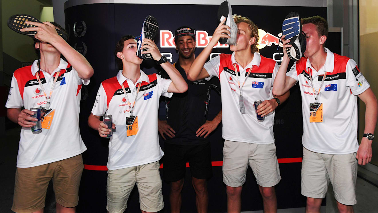 F1 in Schools winners celebrate with a Shoey and Daniel Ricciardo (AUS) Red Bull Racing at Formula One World Championship, Rd15, Malaysian Grand Prix, Qualifying, Sepang, Malaysia, Saturday 30 September 2017. © Mark Sutton/Sutton Images