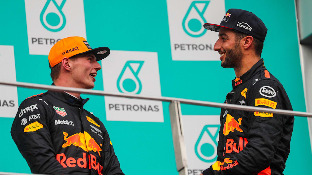 Race winner Max Verstappen (NED) Red Bull Racing and Daniel Ricciardo (AUS) Red Bull Racing celebrate on the podium at Formula One World Championship, Rd15, Malaysian Grand Prix, Race, Sepang, Malaysia, Sunday 1 October 2017. © Kym Illman/Sutton Images