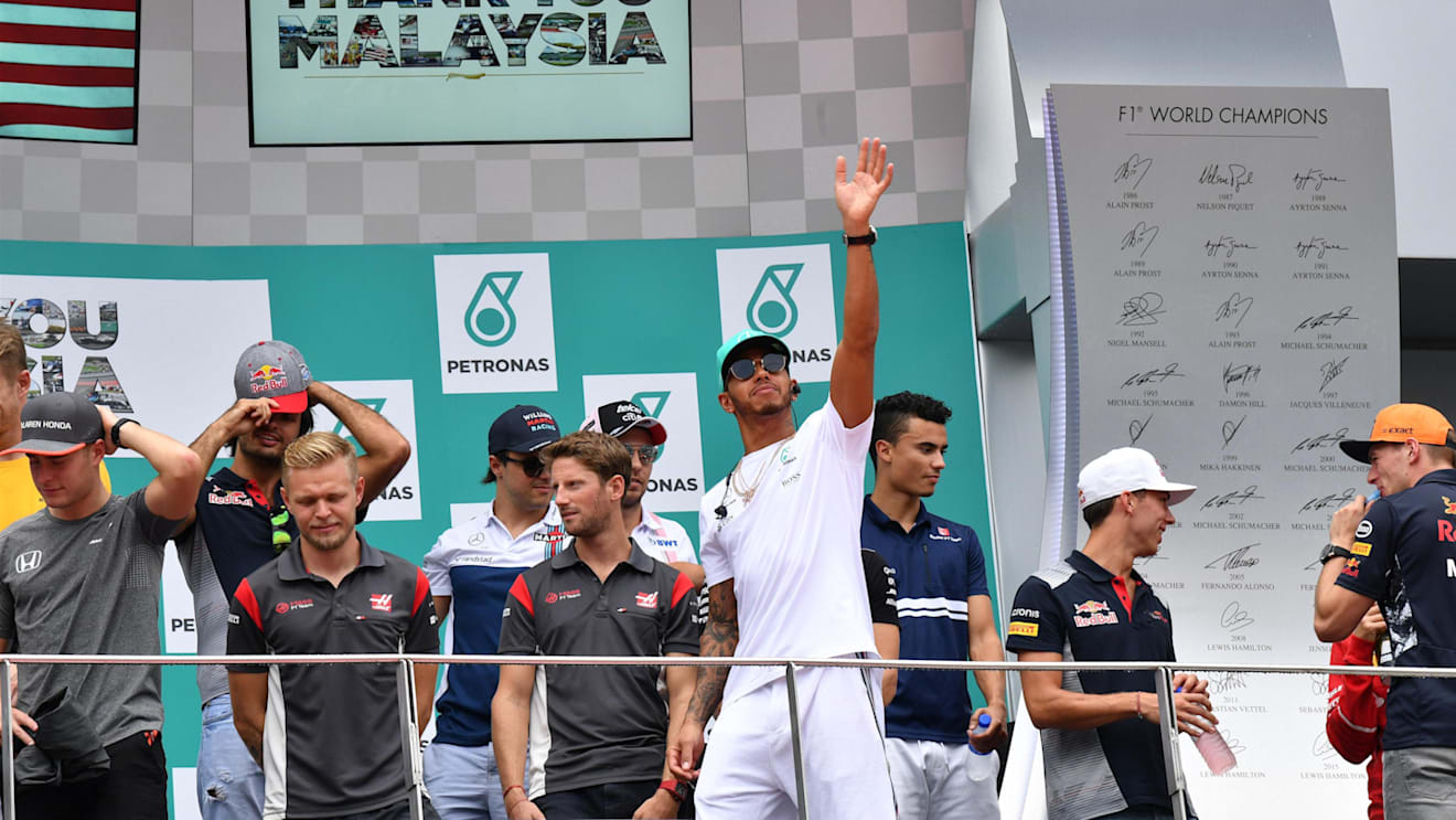 Drivers on the podium at Formula One World Championship, Rd15, Malaysian Grand Prix, Race, Sepang, Malaysia, Sunday 1 Octoberr 2017. © Mark Sutton/Sutton Images