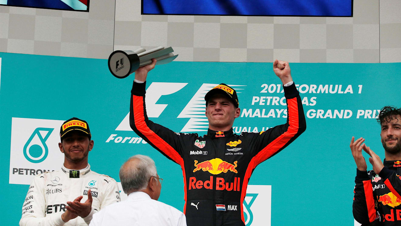Race winner Max Verstappen (NED) Red Bull Racing celebrates on the podium at Formula One World Championship, Rd15, Malaysian Grand Prix, Race, Sepang, Malaysia, Sunday 1 Octoberr 2017. © Manuel Goria/Sutton Images