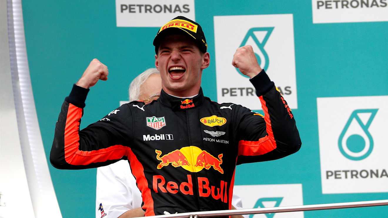Race winner Max Verstappen (NED) Red Bull Racing celebrates on the podium at Formula One World Championship, Rd15, Malaysian Grand Prix, Race, Sepang, Malaysia, Sunday 1 Octoberr 2017. © Manuel Goria/Sutton Images