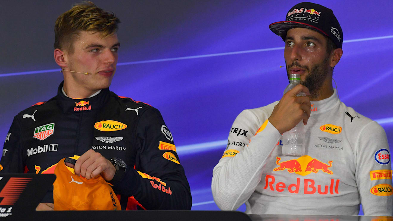 Max Verstappen (NED) Red Bull Racing and Daniel Ricciardo (AUS) Red Bull Racing in the Press Conference at Formula One World Championship, Rd15, Malaysian Grand Prix, Race, Sepang, Malaysia, Sunday 1 October 2017. © Mark Sutton/Sutton Images