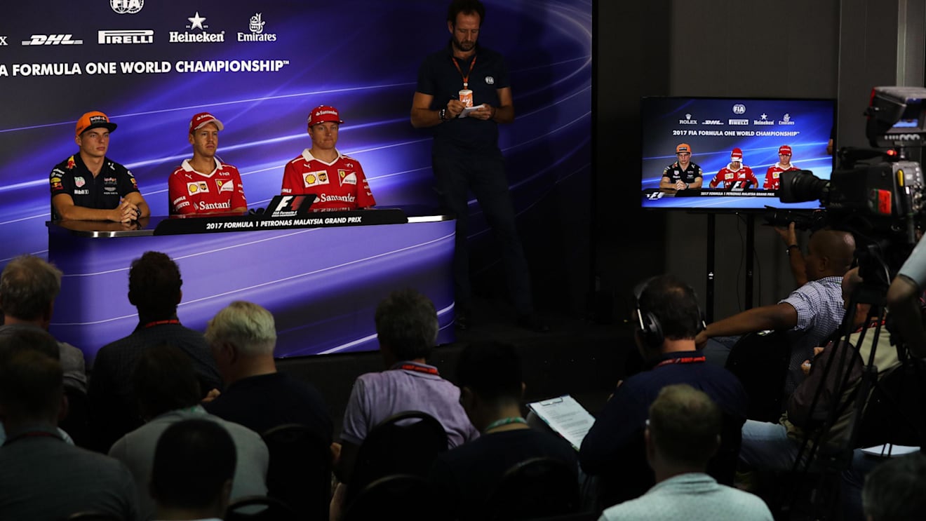 (L to R): Max Verstappen (NED) Red Bull Racing, Sebastian Vettel (GER) Ferrari and Kimi Raikkonen (FIN) Ferrari in the Press Conference at Formula One World Championship, Rd15, Malaysian Grand Prix, Preparations, Sepang, Malaysia, Thursday 28 September 2017. © Kym Illman/Sutton Images