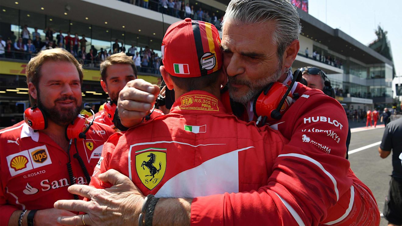 Pole sitter Sebastian Vettel (GER) Ferrari celebrates in parc ferme with Maurizio Arrivabene (ITA) Ferrari Team Principal at Formula One World Championship, Rd18, Mexican Grand Prix, Qualifying, Circuit Hermanos Rodriguez, Mexico City, Mexico, Saturday 28 October 2017. © Mark Sutton/Sutton Images