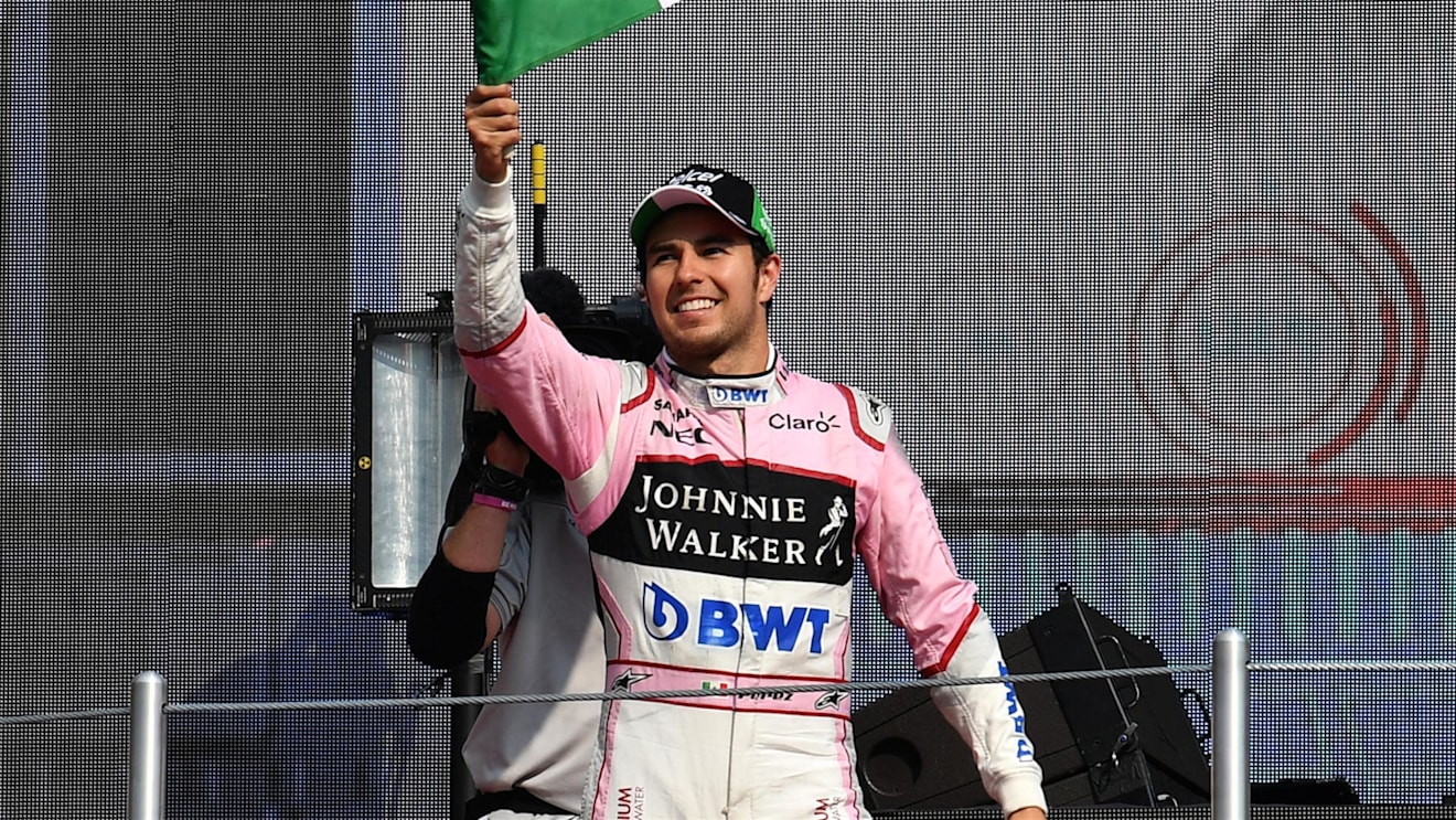 Sergio Perez (MEX) Force India on the podium post race at Formula One World Championship, Rd18, Mexican Grand Prix, Race, Circuit Hermanos Rodriguez, Mexico City, Mexico, Sunday 29 October 2017. © Mark Sutton/Sutton Images