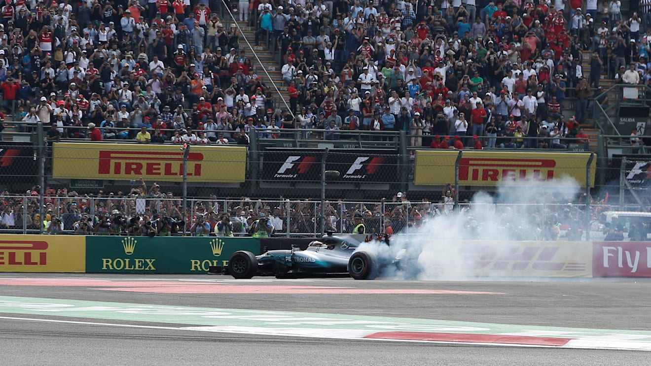 Lewis Hamilton (GBR) Mercedes-Benz F1 W08 Hybrid celebrates with donuts at Formula One World Championship, Rd18, Mexican Grand Prix, Race, Circuit Hermanos Rodriguez, Mexico City, Mexico, Sunday 29 October 2017. © Manuel Goria/Sutton Images