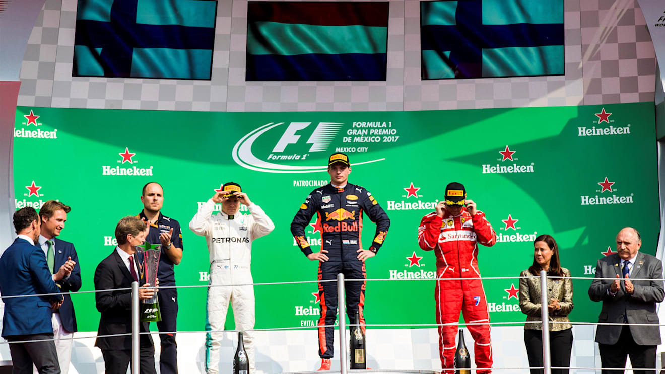 (L to R): Gianpiero Lambiase (ITA) Red Bull Racing Race Engineer, Valtteri Bottas (FIN) Mercedes AMG F1, Max Verstappen (NED) Red Bull Racing and Kimi Raikkonen (FIN) Ferrari on the podium at Formula One World Championship, Rd18, Mexican Grand Prix, Race, Circuit Hermanos Rodriguez, Mexico City, Mexico, Sunday 29 October 2017. © Steven Tee/LAT/Sutton Images
