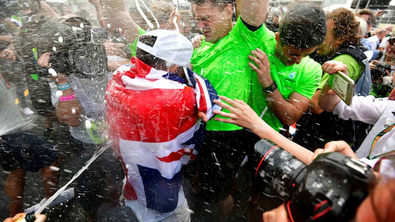 World Champion Hamilton (GBR) Mercedes AMG F1 celebrates with the team and the champagne at Formula One World Championship, Rd18, Mexican Grand Prix, Race, Circuit Hermanos Rodriguez, Mexico City, Mexico, Sunday 29 October 2017. © Mark Sutton/Sutton Images