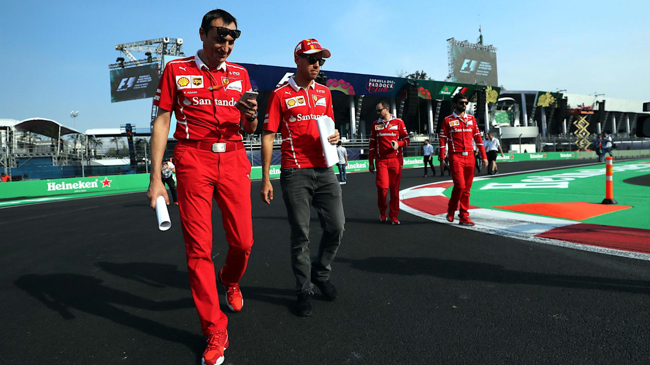 Riccardo Adami (ITA) Ferrari Race Engineer and Sebastian Vettel (GER) Ferrari walk the track at Formula One World Championship, Rd18, Mexican Grand Prix, Preparations, Circuit Hermanos Rodriguez, Mexico City, Mexico, Thursday 26 October 2017. © Kym Illman/Sutton Images