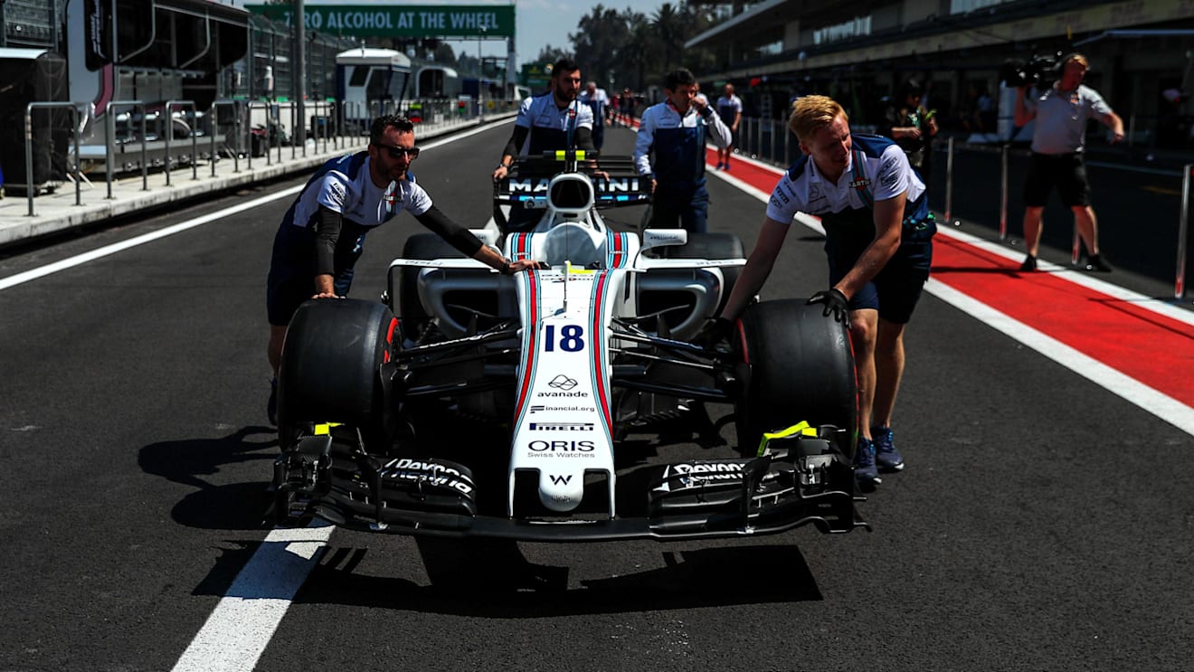 The car of Lance Stroll (CDN) Williams FW40 is pushed down pitlane by mechanics at Formula One World Championship, Rd18, Mexican Grand Prix, Preparations, Circuit Hermanos Rodriguez, Mexico City, Mexico, Thursday 26 October 2017. © Kym Illman/Sutton Image