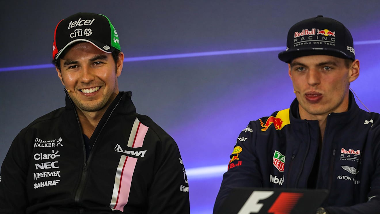 Sergio Perez (MEX) Force India and Max Verstappen (NED) Red Bull Racing in the Press Conference at Formula One World Championship, Rd18, Mexican Grand Prix, Preparations, Circuit Hermanos Rodriguez, Mexico City, Mexico, Thursday 26 October 2017. © Kym Ill