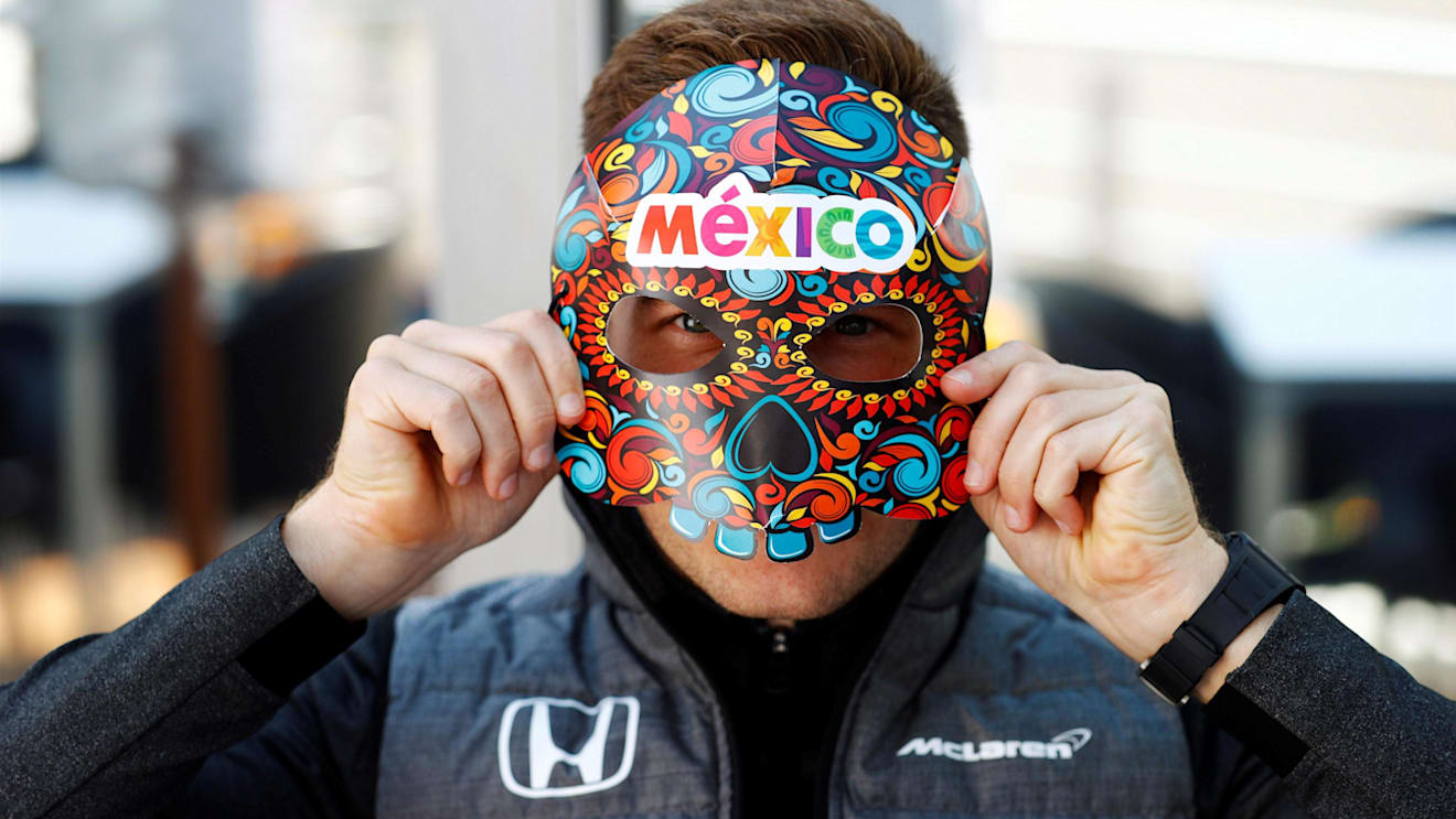 Stoffel Vandoorne (BEL) McLaren and mask at Formula One World Championship, Rd18, Mexican Grand Prix, Preparations, Circuit Hermanos Rodriguez, Mexico City, Mexico, Thursday 26 October 2017. © Steven Tee/LAT/Sutton Images
