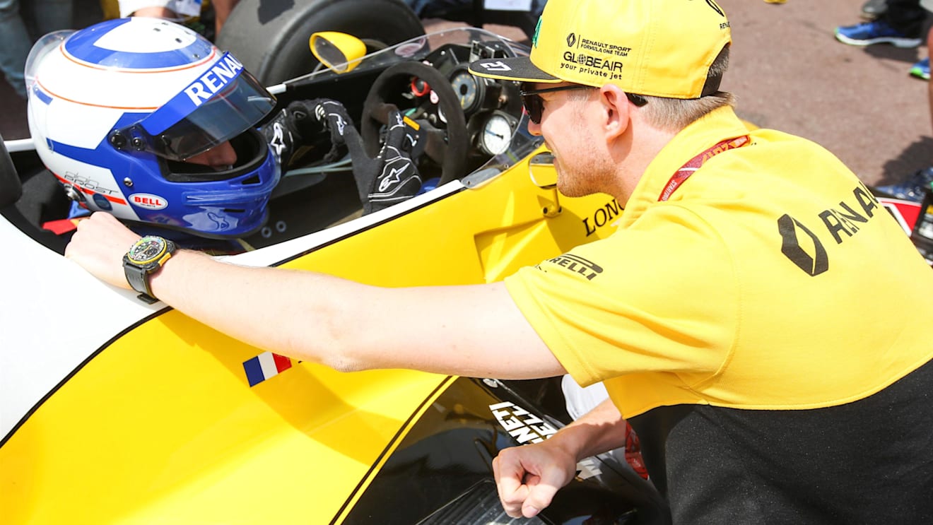 Alain Prost (FRA) with Nico Hulkenberg (GER), Renault, at Formula One World Championship, Rd6, Monaco Grand Prix, Monte-Carlo, Monaco, Friday 26 May 2017. © Sutton Images