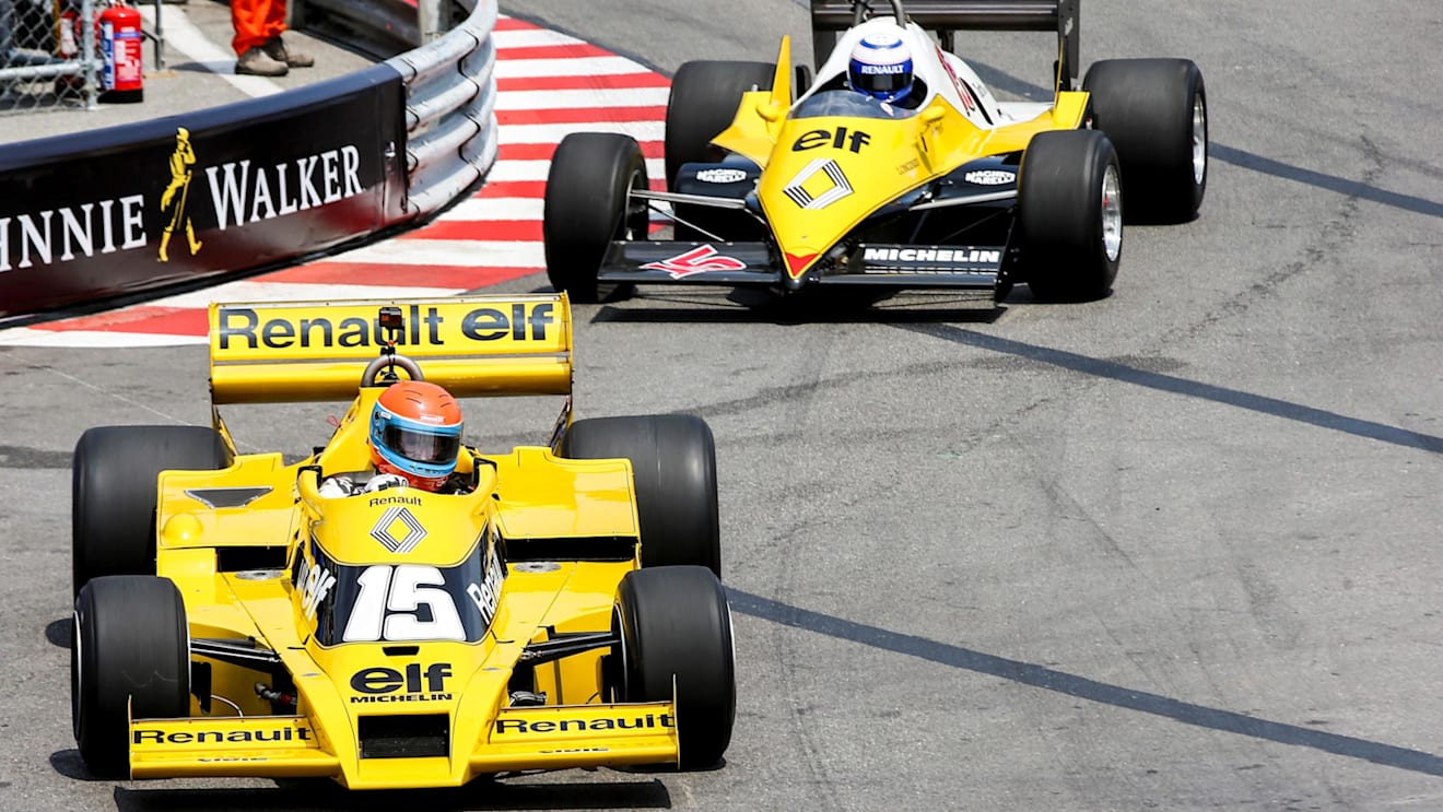 Jean-Pierre Jabouille (FRA) Renault RS01 and Alain Prost (FRA) Renault RS40 at Formula One World Championship, Rd6, Monaco Grand Prix, Monte-Carlo, Monaco, Friday 26 May 2017. © Sutton Images
