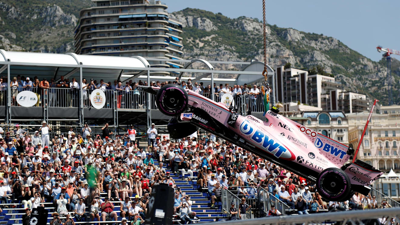 The crashed car of Esteban Ocon (FRA) Force India VJM10 is recovered in FP3 at Formula One World Championship, Rd6, Monaco Grand Prix, Qualifying, Monte-Carlo, Monaco, Saturday 27 May 2017. © Sutton Images