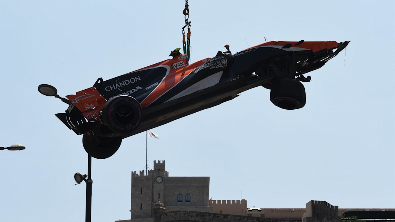 The crashed car of Stoffel Vandoorne (BEL) McLaren MCL32 is caraned away in Q2 at Formula One World Championship, Rd6, Monaco Grand Prix, Qualifying, Monte-Carlo, Monaco, Saturday 27 May 2017. © Sutton Images