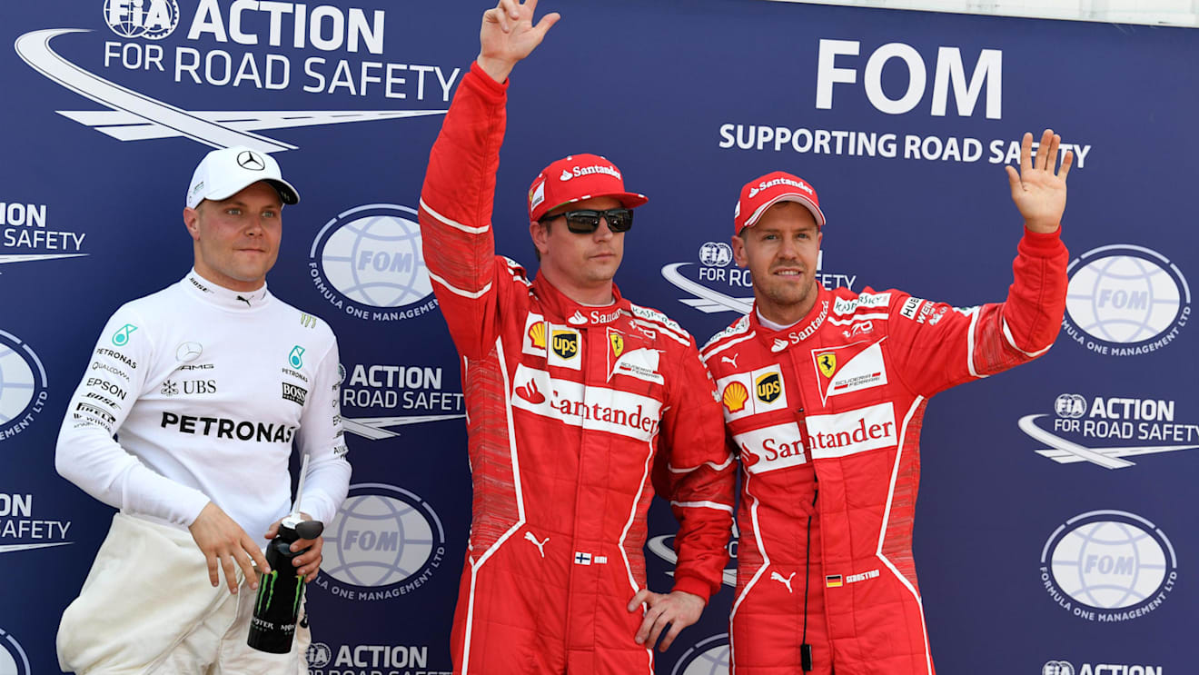 (L to R): Valtteri Bottas (FIN) Mercedes AMG F1, pole sitter Kimi Raikkonen (FIN) Ferrari and Sebastian Vettel (GER) Ferrari celebrate in parc ferme at Formula One World Championship, Rd6, Monaco Grand Prix, Qualifying, Monte-Carlo, Monaco, Saturday 27 May 2017. © Sutton Images