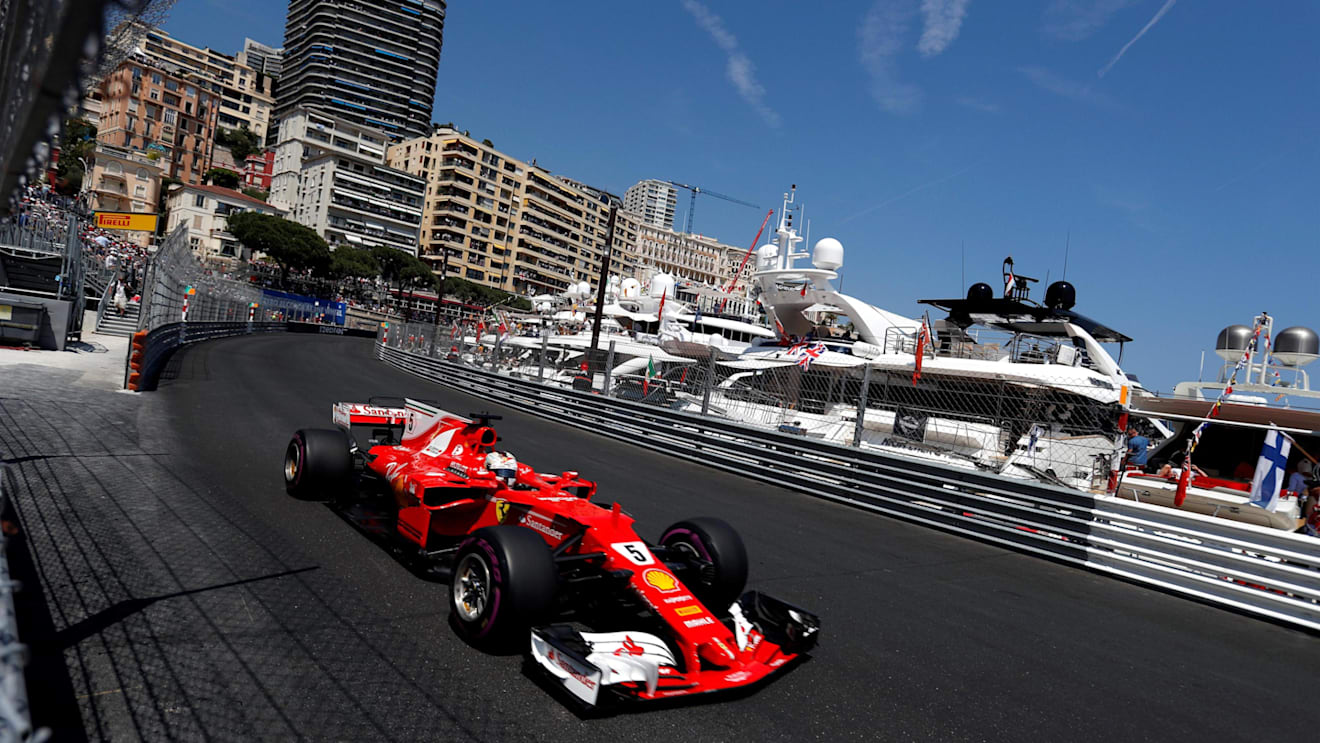 Kimi Raikkonen (FIN) Ferrari SF70-H leads Sebastian Vettel (GER) Ferrari SF70-H at the start of the race at Formula One World Championship, Rd6, Monaco Grand Prix, Race, Monte-Carlo, Monaco, Sunday 28 May 2017. © Sutton Images