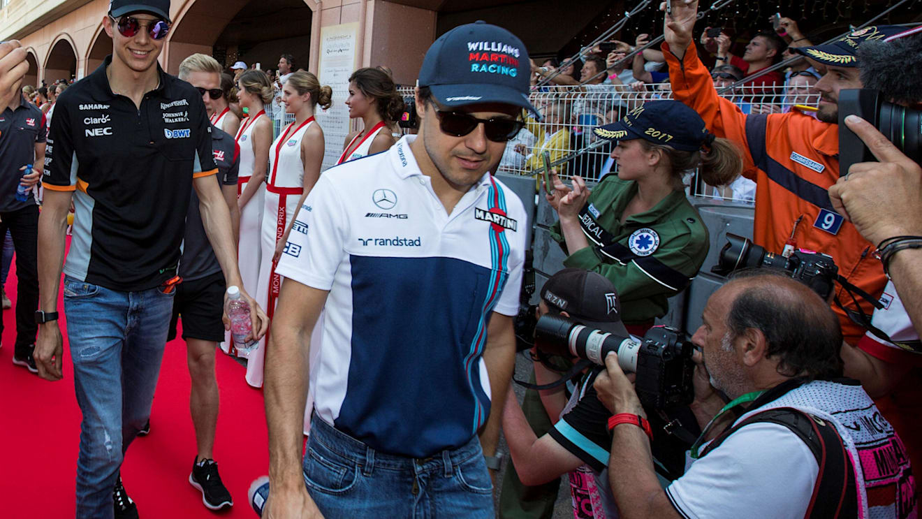 Felipe Massa (BRA) Williams and Esteban Ocon (FRA) Force India on the drivers parade at Formula One World Championship, Rd6, Monaco Grand Prix, Race, Monte-Carlo, Monaco, Sunday 28 May 2017. © Sutton Images