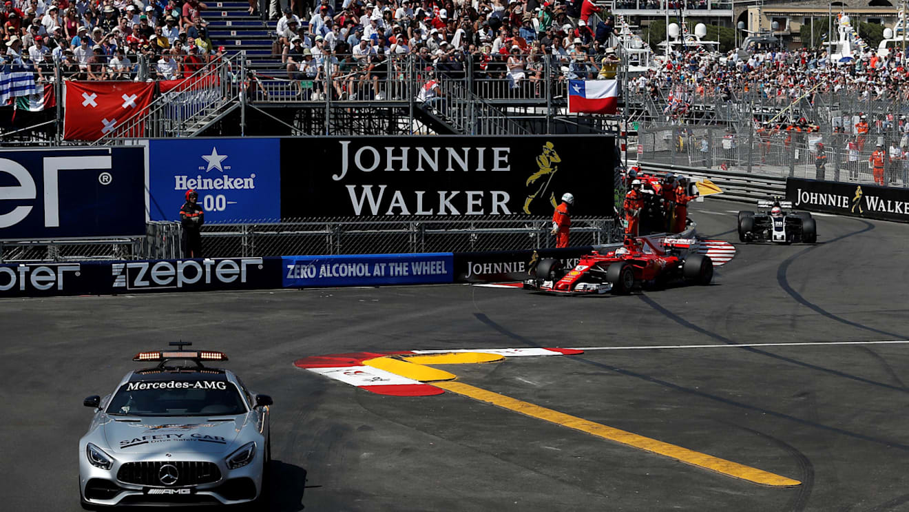Safety Car leads out Sebastian Vettel (GER) Ferrari SF70-H at Formula One World Championship, Rd6, Monaco Grand Prix, Race, Monte-Carlo, Monaco, Sunday 28 May 2017. © Sutton Images