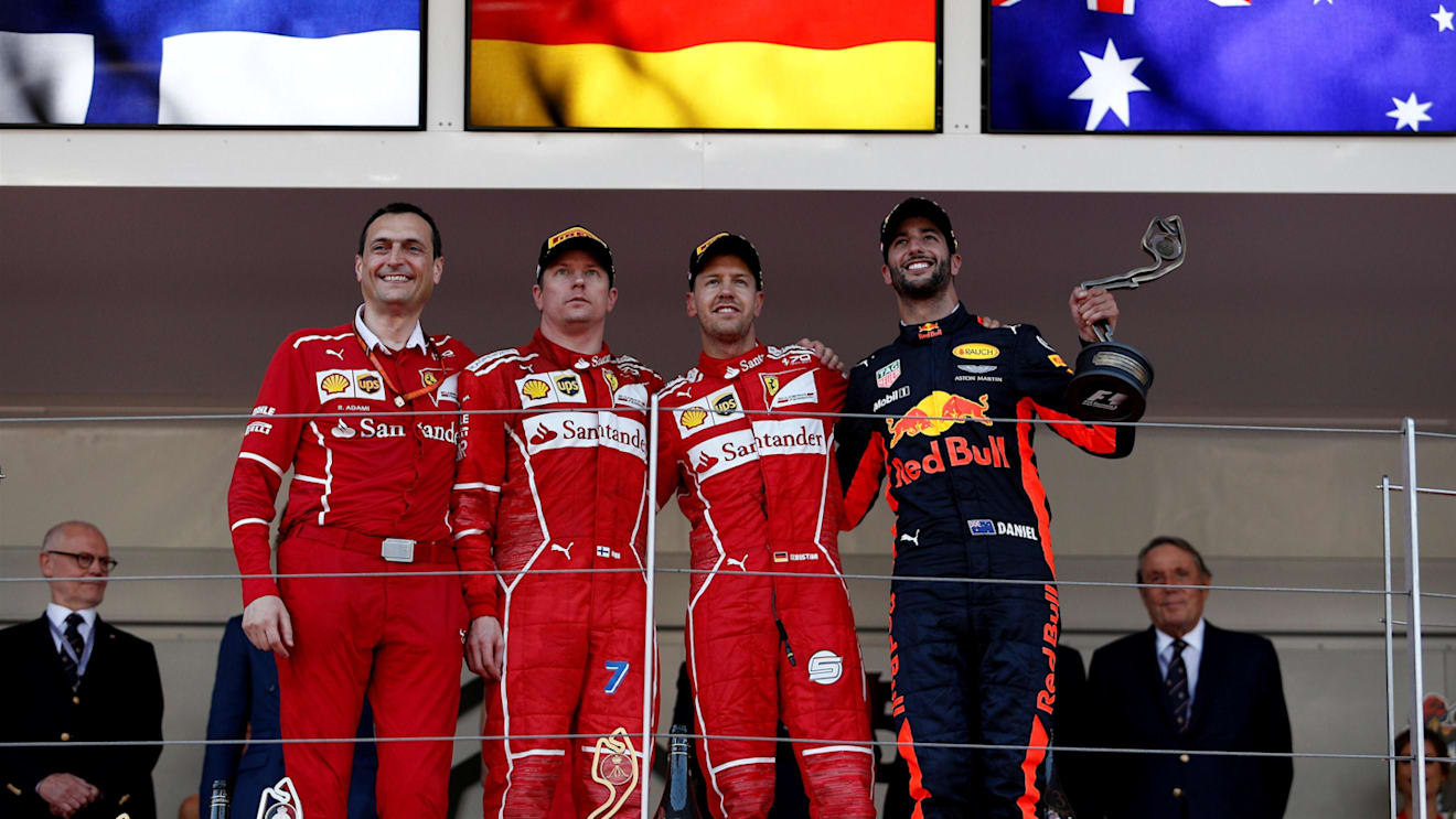 Riccardo Adami (ITA) Ferrari Race Engineer, Kimi Raikkonen (FIN) Ferrari, race winner Sebastian Vettel (GER) Ferrari and Daniel Ricciardo (AUS) Red Bull Racing celebrates on the podium with the trophies at Formula One World Championship, Rd6, Monaco Grand Prix, Race, Monte-Carlo, Monaco, Sunday 28 May 2017. © Sutton Images