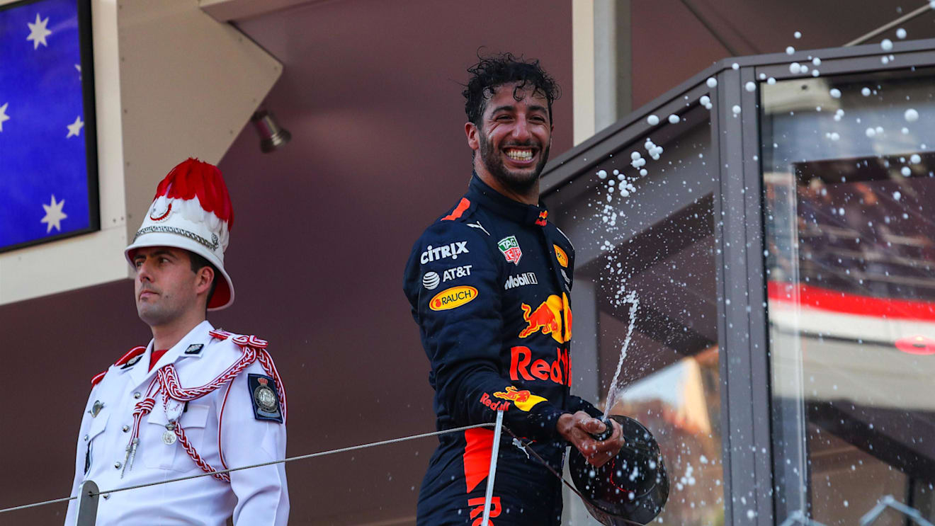 Daniel Ricciardo (AUS) Red Bull Racing celebrates on the podium with the champagne at Formula One World Championship, Rd6, Monaco Grand Prix, Race, Monte-Carlo, Monaco, Sunday 28 May 2017. © Sutton Images