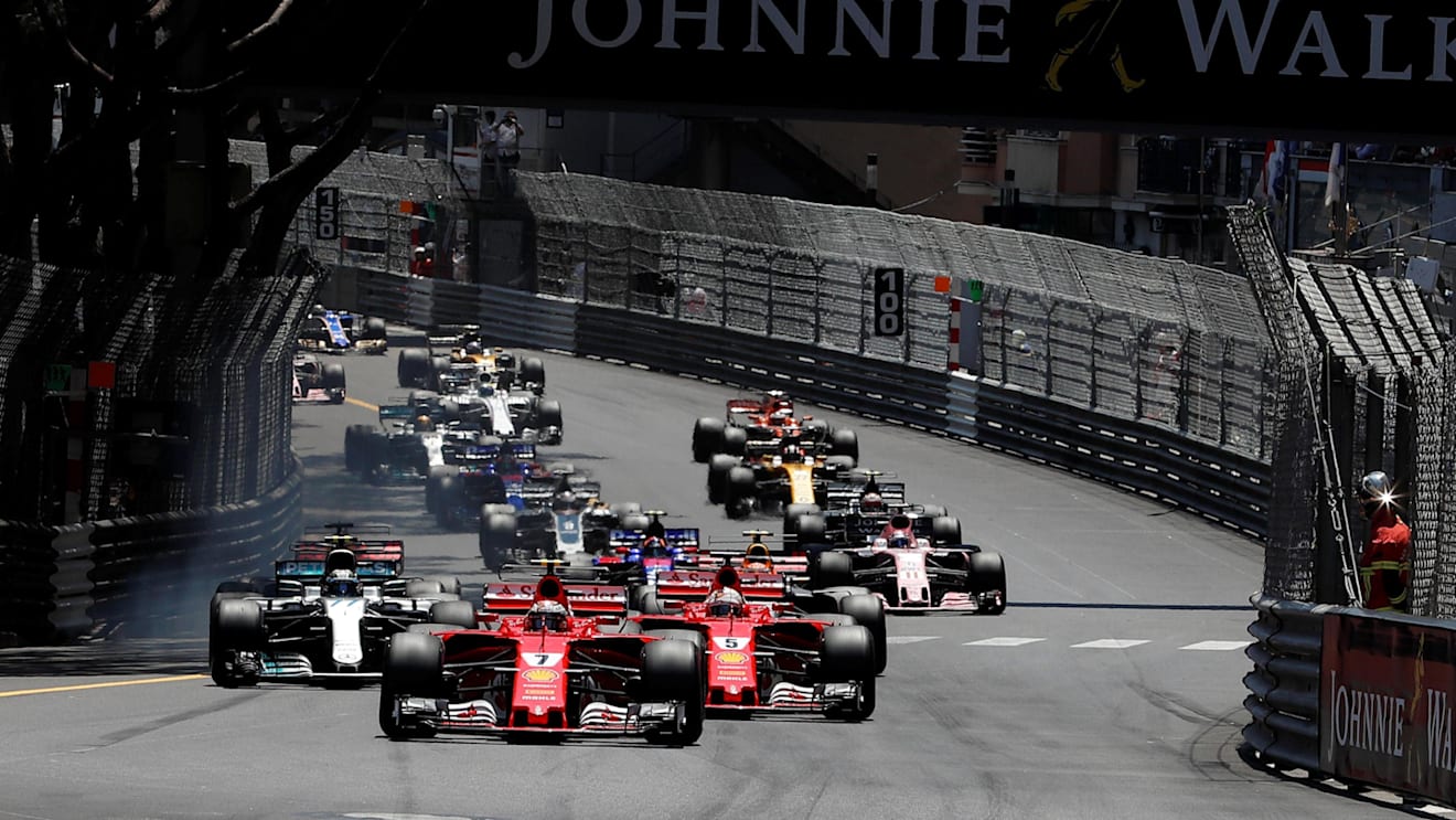 Kimi Raikkonen (FIN) Ferrari SF70-H leads Sebastian Vettel (GER) Ferrari SF70-H at the start of the race at Formula One World Championship, Rd6, Monaco Grand Prix, Race, Monte-Carlo, Monaco, Sunday 28 May 2017. © Sutton Images