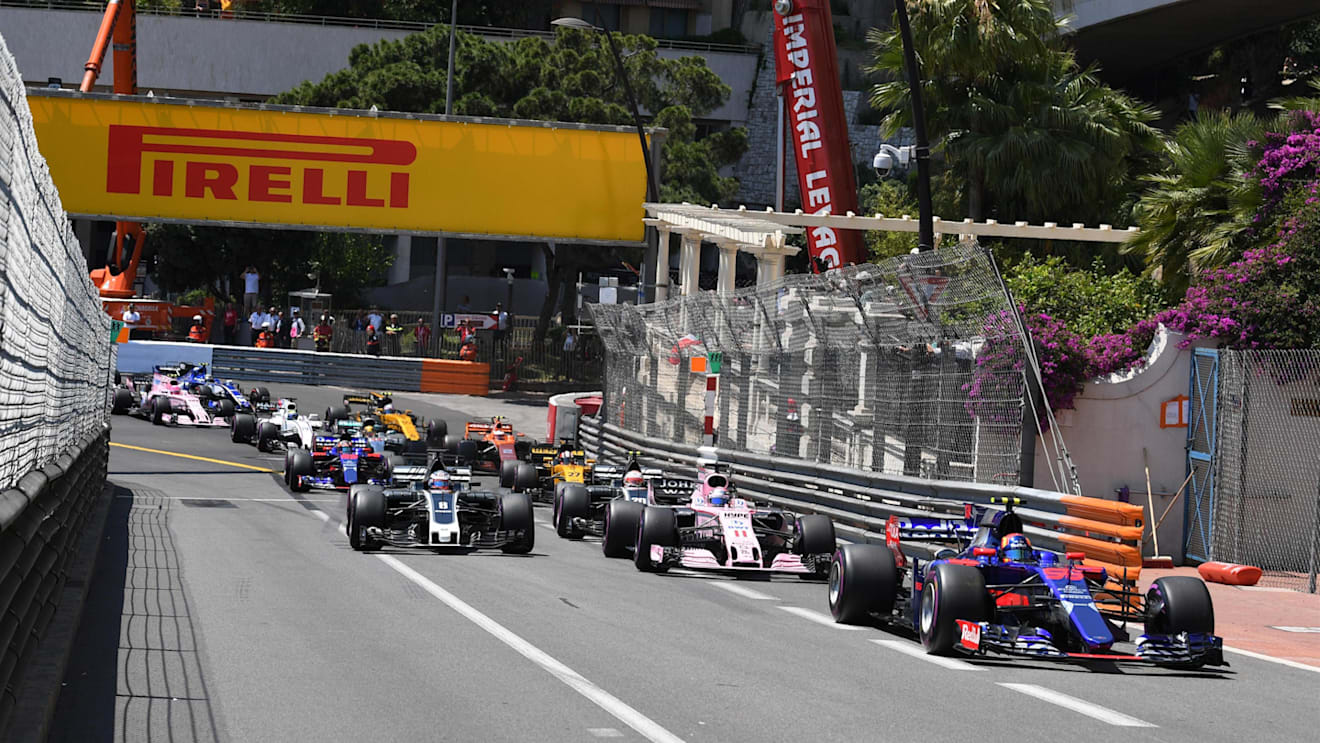 Carlos Sainz (ESP) Scuderia Toro Rosso STR12 at the start of the race at Formula One World Championship, Rd6, Monaco Grand Prix, Race, Monte-Carlo, Monaco, Sunday 28 May 2017. © Sutton Images
