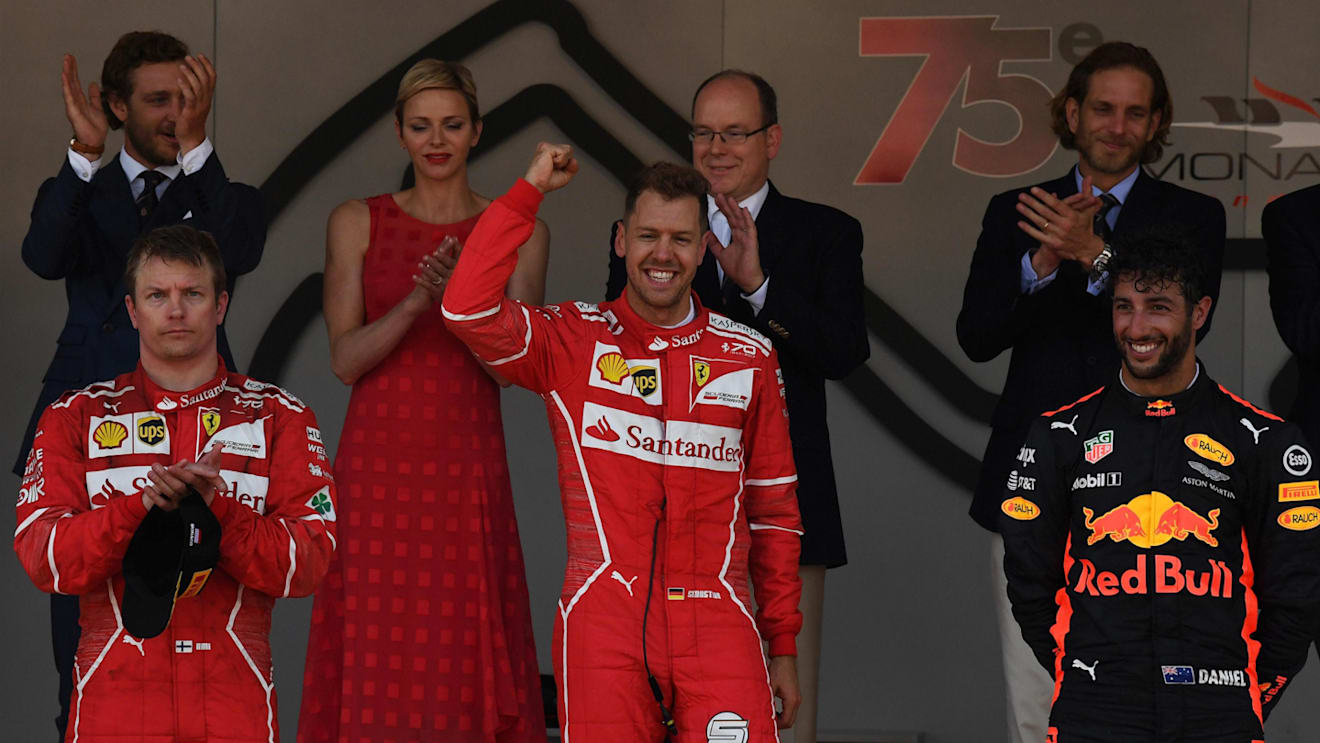 Kimi Raikkonen (FIN) Ferrari, Sebastian Vettel (GER) Ferrari and Daniel Ricciardo (AUS) Red Bull Racing celebrate on the podium at Formula One World Championship, Rd6, Monaco Grand Prix, Race, Monte-Carlo, Monaco, Sunday 28 May 2017. © Sutton Images