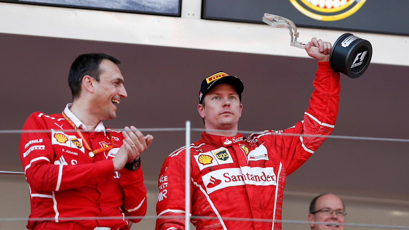 Riccardo Adami (ITA) Ferrari Race Engineer and Kimi Raikkonen (FIN) Ferrari on the podium at Formula One World Championship, Rd6, Monaco Grand Prix, Race, Monte-Carlo, Monaco, Sunday 28 May 2017. © Sutton Images