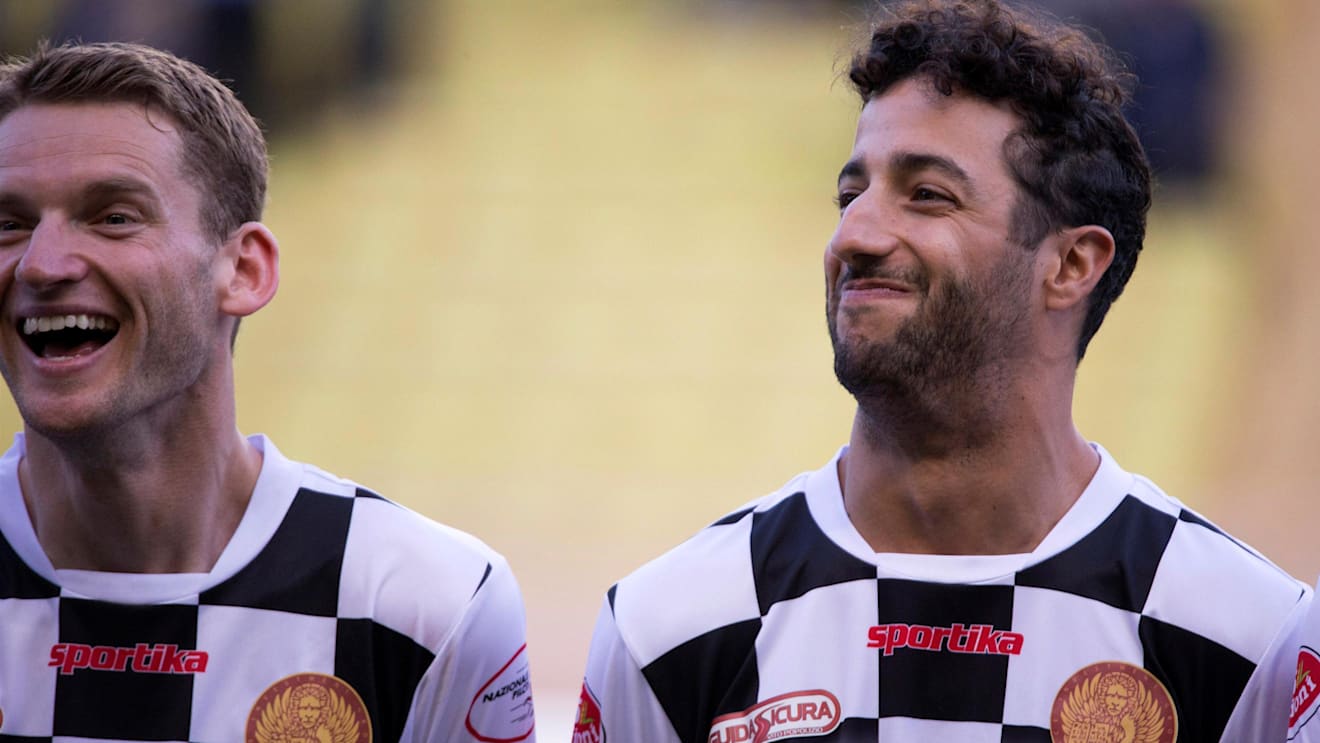 Mario Engel (GER) and Daniel Ricciardo (AUS) Red Bull Racing at World Stars Football Match, Louis II Stadium, at Formula One World Championship, Rd6, Monaco Grand Prix, Preparations, Monte-Carlo, Monaco, Tuesday 23 May 2017. © Sutton Images