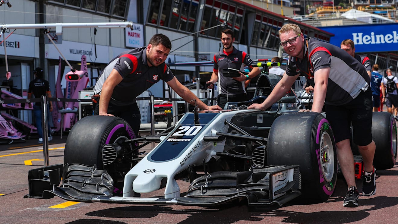 Hass F1 mechanics with the car of Kevin Magnussen (DEN) Haas VF-17 at Formula One World Championship, Rd6, Monaco Grand Prix, Preparations, Monte-Carlo, Monaco, Wednesday 24 May 2017. © Sutton Images