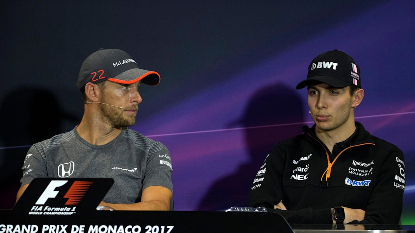 Jenson Button (GBR) McLaren and Esteban Ocon (FRA) Force India in the Press Conference at Formula One World Championship, Rd6, Monaco Grand Prix, Preparations, Monte-Carlo, Monaco, Wednesday 24 May 2017. © Sutton Images