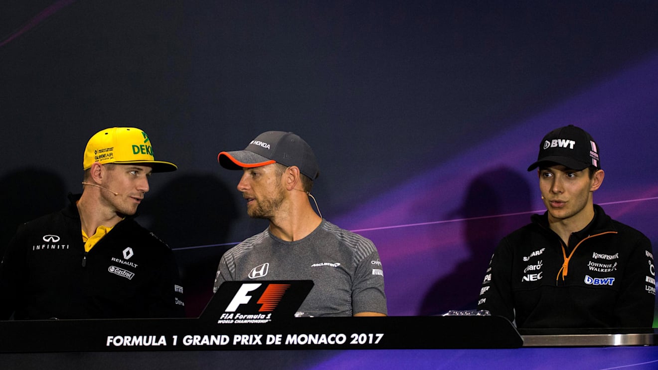 Hulkenberg (GER) Renault Sport F1 Team, Button (GBR) McLaren and Esteban Ocon (FRA) Force India in the Press Conference at Formula One World Championship, Rd6, Monaco Grand Prix, Preparations, Monte-Carlo, Monaco, Wednesday 24 May 2017. © Sutton Images