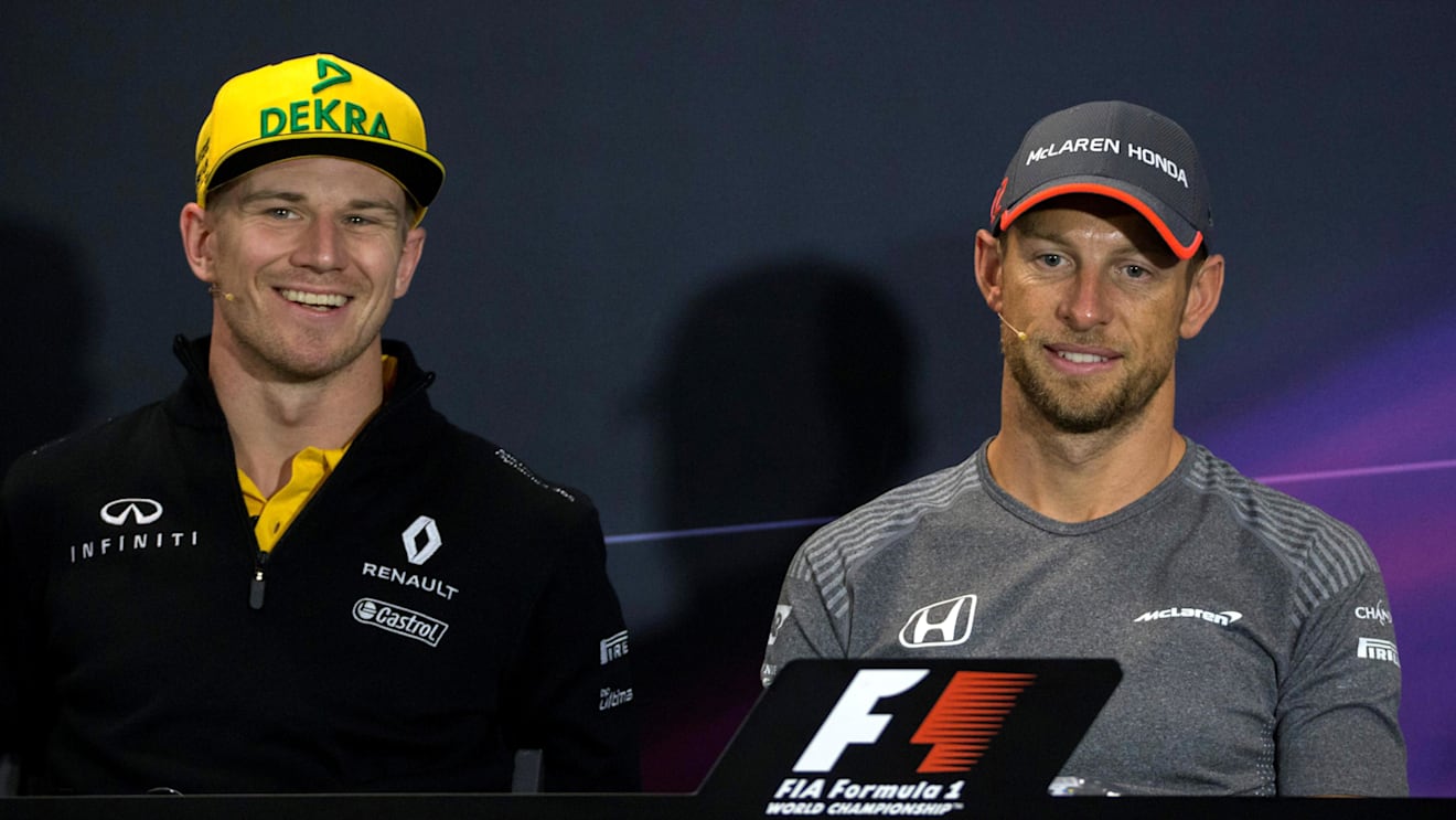 Nico Hulkenberg (GER) Renault Sport F1 Team and Jenson Button (GBR) McLaren in the Press Conference at Formula One World Championship, Rd6, Monaco Grand Prix, Preparations, Monte-Carlo, Monaco, Wednesday 24 May 2017. © Sutton Images