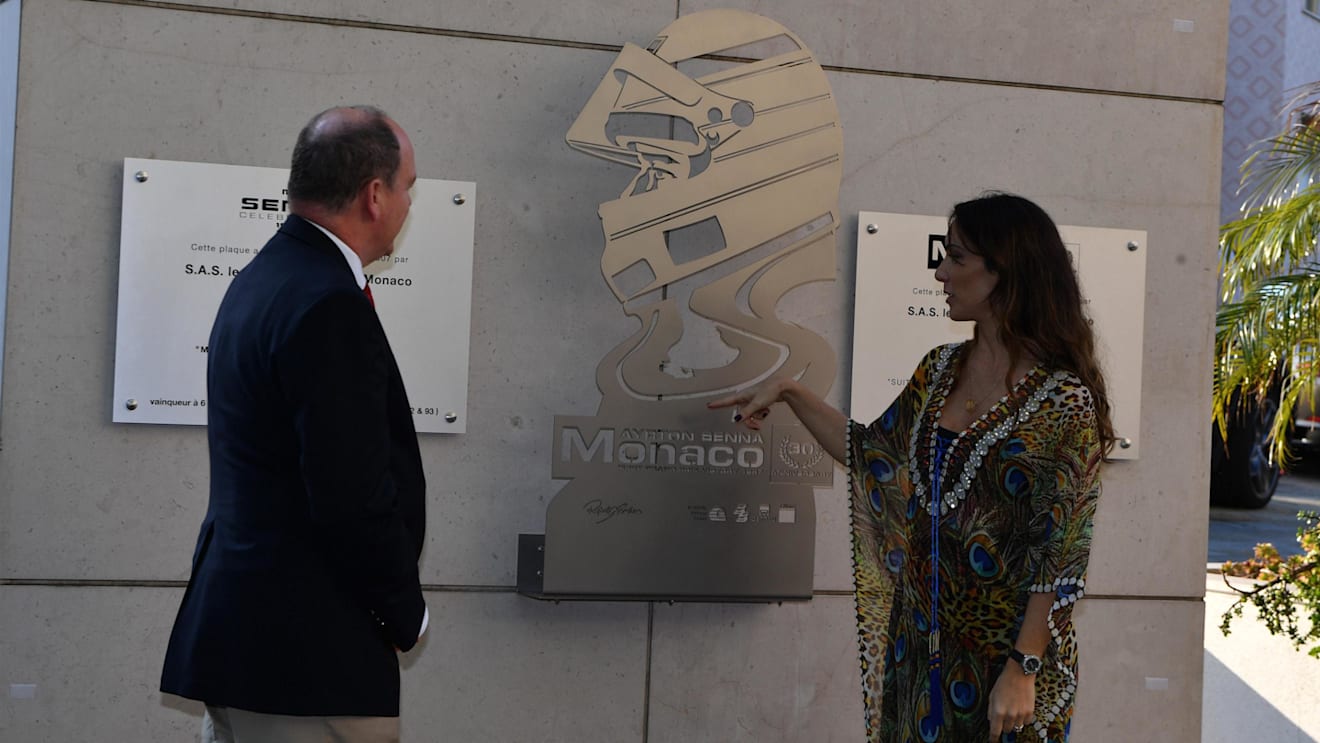 HSH Prince Albert of Monaco (MON) and Bianca Senna (BRA) unveil a plaque at the Fairmont Hotel to commerate the 30th Anniversary of Ayrton Senna's win at the Monaco GP at Formula One World Championship, Rd6, Monaco Grand Prix, Preparations, Monte-Carlo, Monaco, Wednesday 24 May 2017. © Sutton Images