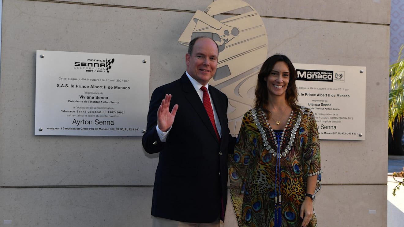 HSH Prince Albert of Monaco (MON) and Bianca Senna (BRA) unveil a plaque at the Fairmont Hotel to commemorate the 30th Anniversary of Ayrton Senna's win at the Monaco GP at Formula One World Championship, Rd6, Monaco Grand Prix, Preparations, Monte-Carlo, Monaco, Wednesday 24 May 2017. © Sutton Images