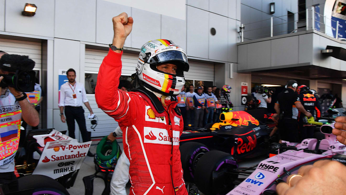 Pole sitter Sebastian Vettel (GER) Ferrari celebrates in parc ferme at Formula One World Championship, Rd4, Russian Grand Prix, Qualifying, Sochi Autodrom, Sochi, Krasnodar Krai, Russia, Saturday 29 April 2017. © Sutton Motorsport Images